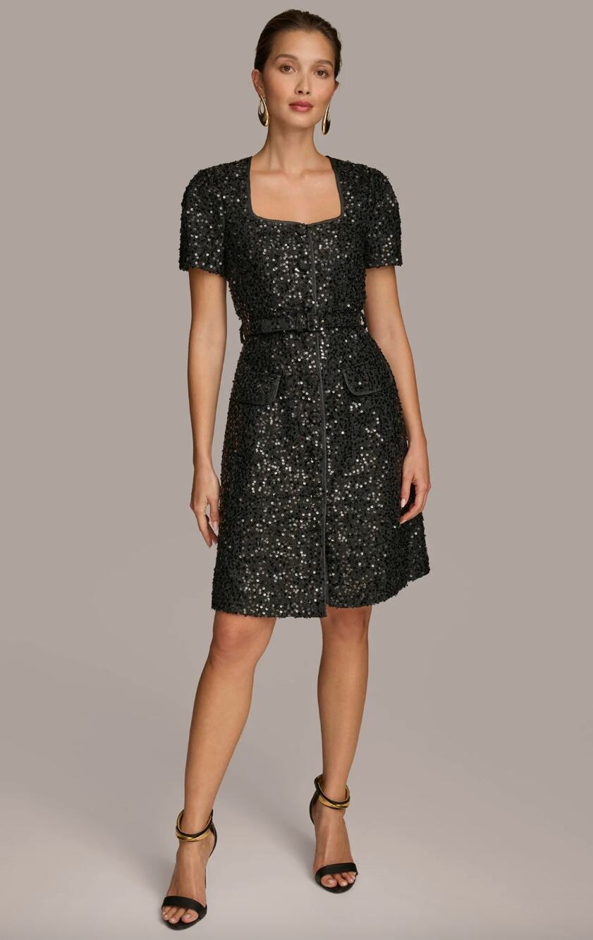 Donna Karan Square Neck Sequin A Line Dress Black Classic Knee Length US 8 NWT